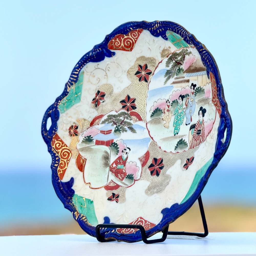 Antique Kutani Japanese Porcelain Plate Hand Painted Geisha Gold Moriage 11.5in